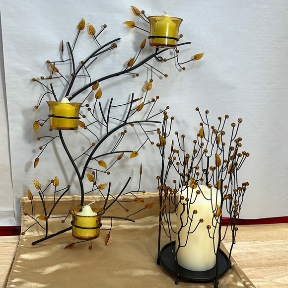 PARTYLIGHT AMBER VTG. GLASS BEAD & LEAF SCONCE & MATCHING CANDLE HOLDER